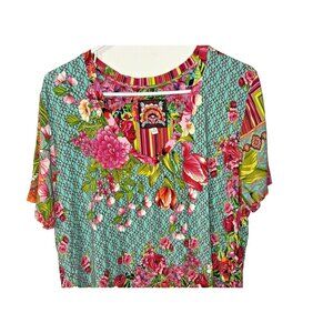Johnny Was Floral Pull Over Blouse Green Pink Orange Size XL